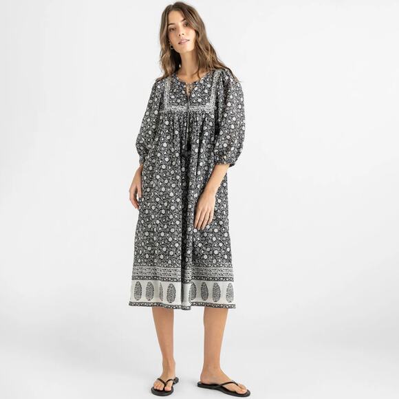 Pink Chicken Sanaa Dress Caviar Gargen Black Floral Cotton Midi Dress S $268